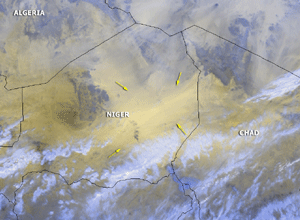 satellite image of a dust storm affecting parts of Niger and Chad on December 3, 2002