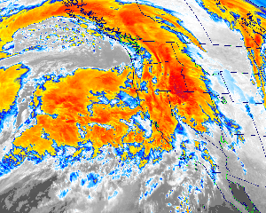a infrared satellite image of a storm system that slammed into the western U.S. on December  13-16, 2002