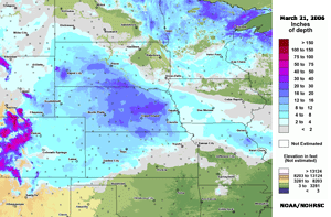 Snow depth across the U.S. Great Plains on March 21, 200