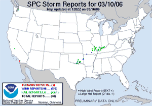 Map of severe weather reports during March 10-13, 2006