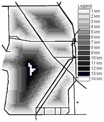 map showing canal influence, the number of alligator holes as compared to distance from canal at 1 km increments