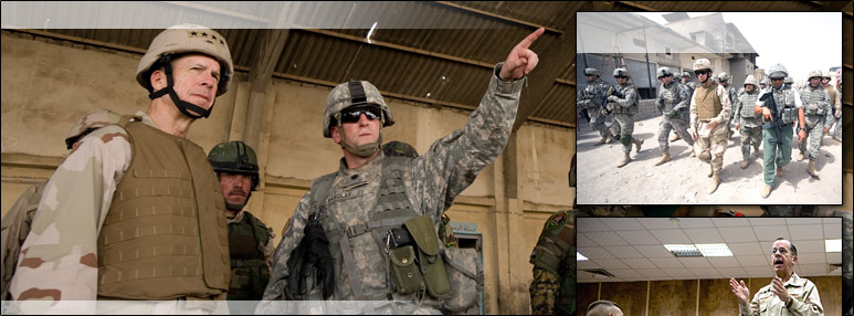 Photo collage of Mullen on tour, visiting troops (see text captions).
