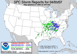 Map of U.S. storm reports on April 3, 2007