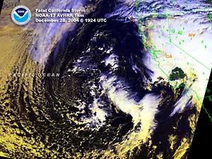 Satellite imagery of a storm system along the west coast of the United States on December 28, 2004