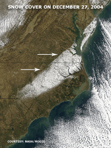 Satellite image depicting snow cover over eastern North Carolina and Virginia on December 29, 2004