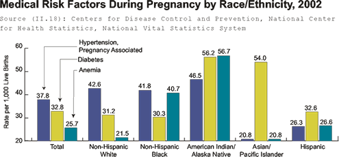 Graph: Medical Risk Factors During Pregnancy, by Race/Ethnicity, 2002