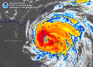 Colorized infrared satellite image of Hurricane Frances just off the east coast of Florida on September 5, 2004