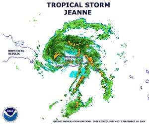 Radar image of Tropical Storm Jeanne over Puerto Rico on September 15, 2004