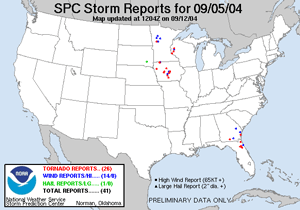 Tornado reports during September 5-8, 2004 (Hurricane Frances) from the Storm Prediction Center