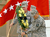 Army Maj. Gen. Jeffrey Schloesser, commander of Combined Joint Task Force 101, along with Army Command Sgt. Maj. Vincent Camacho, the task force’s command sergeant major, lay a wreath at a ceremony at Bagram Airfield, Afghanistan, Sept. 11, 2008. U.S. Army photo by Spc. Scott Davis