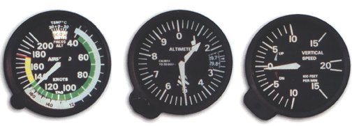 airspeed indicator (left), the altimeter (center), and the vertical speed indicator