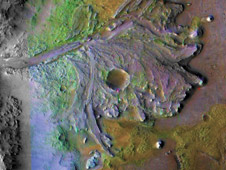 color-enhanced image of the delta in Jezero Crater
