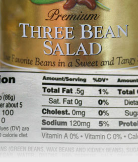 Photo of the side-label ingredients of a can of Three Bean Salad.