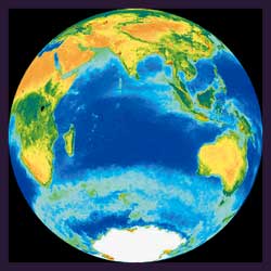 Ocean waters cover most of Earth's surface. This satellite view shows the Indian Ocean, partly bordered by Africa, Asia, and Australia, and below it the Southern Ocean surrounding Antarctica.