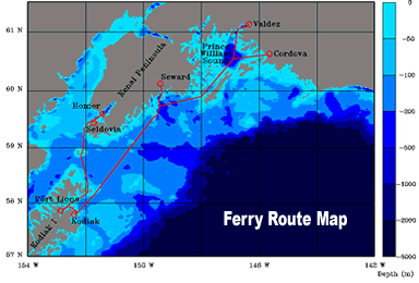 Gulf of Alaska map showing Ferry routes and water depths.