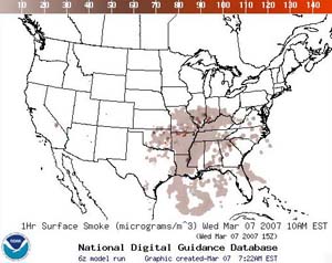 NOAA image of surface smoke forecast guidance as of 10 a.m. EST on March 7, 2007.