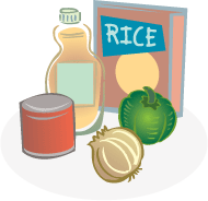 Illustration of rice, a green pepper, sauce, and onion