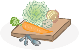 Illustration of cabbage, onion and carrots