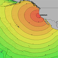 Map of estimated travel times from a tsunami source anywhere in the Pacific Ocean to San Francisco, California