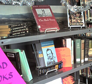 Books on a shlf including Steinbeck's The Red Pony and the   NEA Big Read Reader's Guide for The Great Gatsby