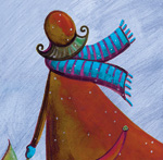 illustration: person wearing scarf and mittens standing in the snow