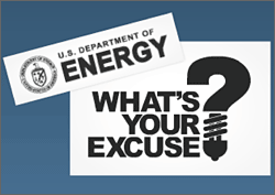 Logo of the What's Your Excuse campaign.  Shows two overlapping boxes, one reading 'U.S. Department of Energy' and the other, 'What's Your Excuse?'  The question mark resembles a compact fluorescent bulb.