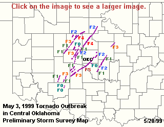 Map showing strength of Central Oklahoma tornadoes