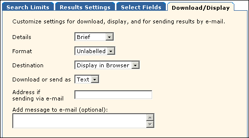 Screen capture of the download/display page where you can customize the settings for download, display, and for sending results by e-mail.