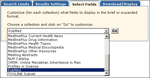 Screen capture of the select fields page where you can customize the fields to display.