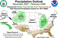 NOAA image of winter precipitation outlook for December 2007 through February 2008. Please credit "NOAA."