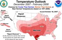 NOAA image of winter temperature outlook for December 2007 through February 2008. Please credit "NOAA."