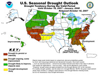 NOAA image of U.S. Seasonal Drought Outlook for October 2007 to January 2008. Please credit "NOAA."