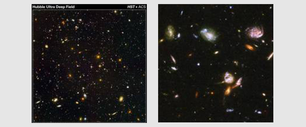 Left image - Hubble Ultra Deep Field taken by ACS. Right image - Detail of a portion of the Hubble Ultra Deep Field