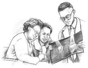 Illustration of a doctor showing an X-ray to a patient and her daughter