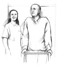 Illustration showing a nurse accompanying a man who is using a walker