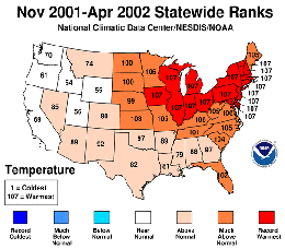 NOAA's state temperature ranking from Nov. 2001 through April 2002.