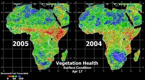 NOAA satellite image of vegetation health in Africa from 2004-2005.