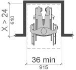 occupied wheelchair space in plan view that is 36 inches wide and is located in an alcove 24 or more inches deep