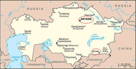 Map of Kazakhstan, with the cities of Astana and Almaty circled in red.