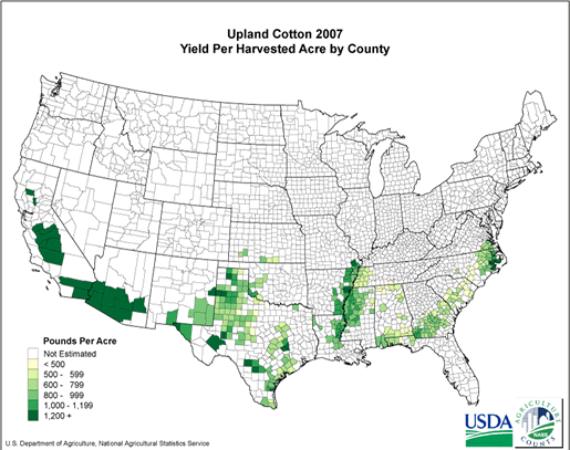 Upland Cotton: Yield per Harvested Acre by County