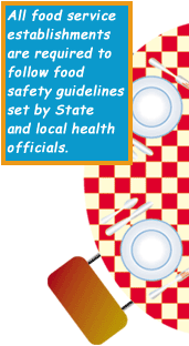 Image of a restaurant table and the text: All food service
establishments are required to follow food safety guidelines set by State and local health officials.