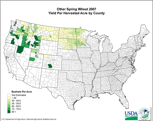 Spring Wheat: Yield per Harvested Acre by County