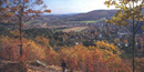 View of Woodstock village from Mount Tom's South Peak; the village and person in foreground are framed by autumn foliage. NPS Photo.