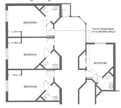 Plan view of Pennswood Village shows placement of the bathroom in a corner of each resident room;  out-swinging bathroom door is oriented at 45 degrees to the resident room