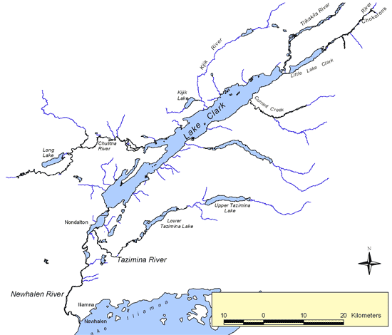 Map of Lake Clark, Tazimina River and the north portion of Lake Iliamna with the Newhalen River