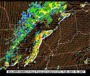 NOAA image of NOAA forecast of surface winds and simulated radar reflectivity from the model run on May 15, 2007.