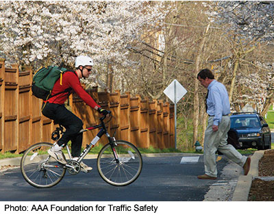 FHWA developed the Ped and Bike ISIs in an effort to reduce the number of crashes that occur at intersections such as the one shown here with a pedestrian and bicyclist crossing in front of a car. Photo: AAA Foundation for Traffic Safety.