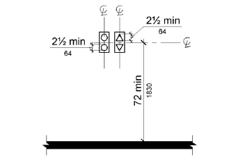 Visible signals are shown centered at 72 inches (1830 mm) minimum above the floor ground.  The individual “up” and “down” elements, one with circular elements, another with triangular elements, are 2 1/2 inches (64 mm) minimum measured along the vertical centerline of the element.