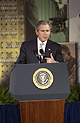 President George W. Bush delivers an address on Project BioShield to a full audience at Natcher Auditorium during his visit to NIH on February 3, 2003.
