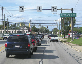 The use of overhead lane arrows in Toledo, OH, smoothes traffic flow by helping all motorists, including older drivers, find the proper lane as they approach the intersection.